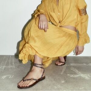 Zara Abierto Leather Embellished Studded Flat Sandals 38